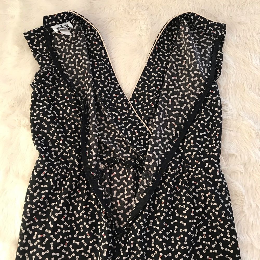 VINTAGE 80s 90s Jumpsuit Short Sleeve Bow Tie Print V-Neck Tapered Leg Black - Picture 6 of 13